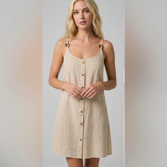 By Design Dresses & Skirts - Oatmeal Linen Blend Button Front Mini Dress Spaghetti Strap